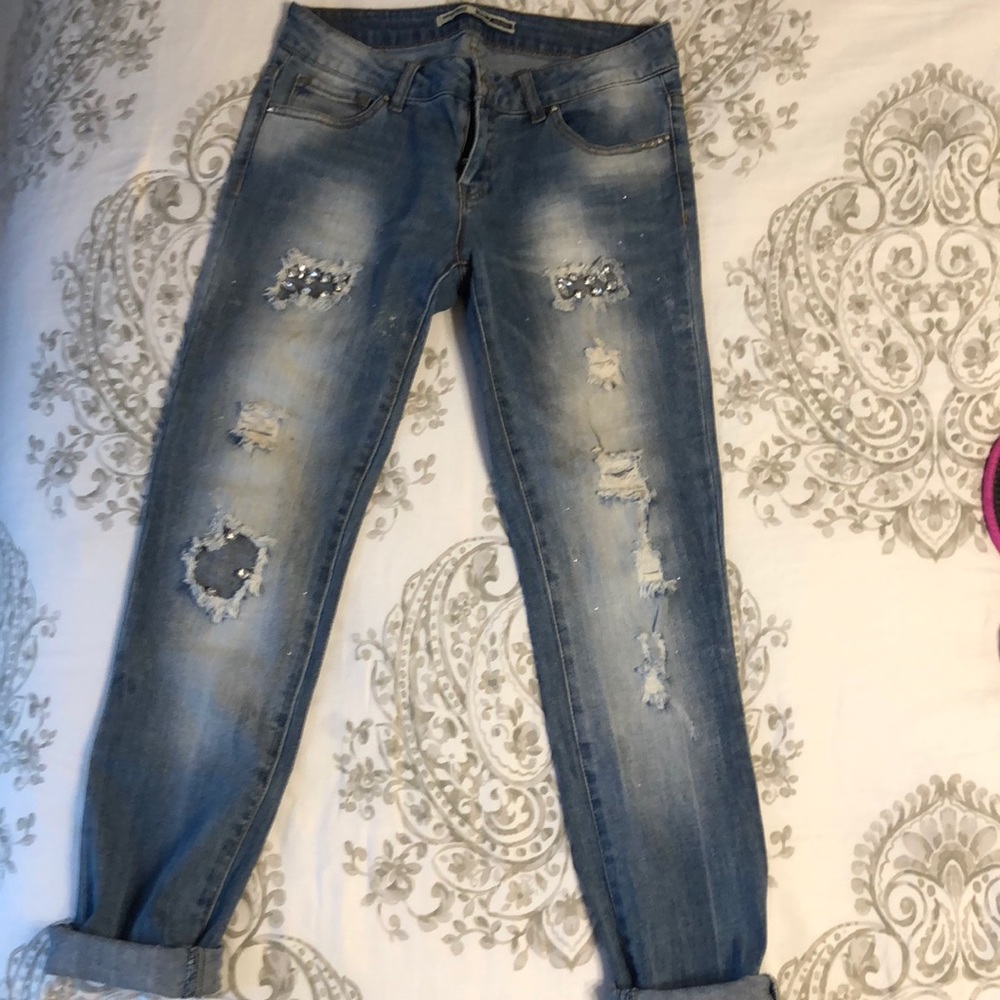Distressed jeweled jeans